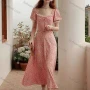 Wholesale Women's Vintage Sweetheart Neck Lace Trim Floral Print Maxi Dress AY009# preview