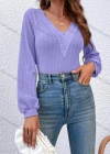 Wholesale Women's Casual Plain V Neck Lace Trim Long Sleeve Blouse - Liuhuamall