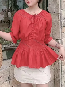Wholesale Women's Casual Round Neck Top Shirred Tie Front Half Sleeve Plain Blouse, LIUHUA CLOTHING WHOLESALE