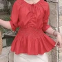 Wholesale Women's Casual Round Neck Top Shirred Tie Front Half Sleeve Plain Blouse preview
