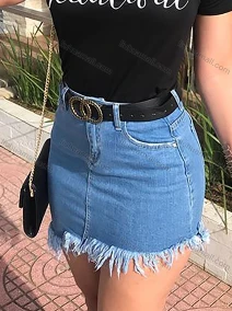 Wholesale Women's Casual Plain Patch Pocket Frayed Raw Hem Mini Denim Skirt, LIUHUA CLOTHING WHOLESALE
