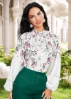 Wholesale Women's Casual Floral Print Mock Neck Long Sleeve Button Down Blouse - Liuhuamall