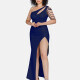 Women's Sexy Plain One Shoulder Sleeveless Beaded Decor Ruched Split Thigh Cut Out Maxi Evening Dress 23502# 3# Clothing Wholesale Market -LIUHUA