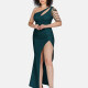 Women's Sexy Plain One Shoulder Sleeveless Beaded Decor Ruched Split Thigh Cut Out Maxi Evening Dress 23502# 4# Clothing Wholesale Market -LIUHUA