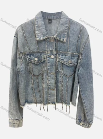 Wholesale Women's Fashion Collared Plain Rhinestone Button Down Fake Pocket Distressed Crop Denim Jacket, LIUHUA CLOTHING WHOLESALE