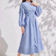 Women's Casual Stand Collar Plain Long Sleeve Wrap Ruched Peplum Midi Dress Blue Clothing Wholesale Market -LIUHUA