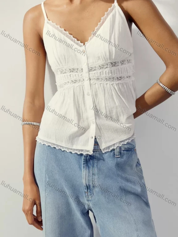 Wholesale Lace chiffon top. V-neck with adjustable thin straps. Decorated with tonal lace patchwork. Front button