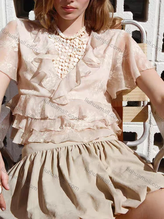 Wholesale dz8001 zara new Short Sleeve Ruffle Trim Graphic