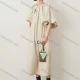 Wholesale Women's Elegant Plain Crew Neck Pleated Half Sleeve Split Hem Patch Pocket Midi Dress Apricot Clothing Wholesale Market Liuhua