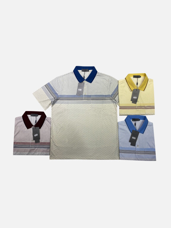 Men's Casual Striped Allover Print Short Sleeve Patch Pocket Polo Shirts, Clothing Wholesale Market -LIUHUA, Men, Men-s-Tops, Casual-Shirts