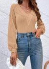 Wholesale Women's Casual Plain V Neck Lace Trim Long Sleeve Blouse - Liuhuamall