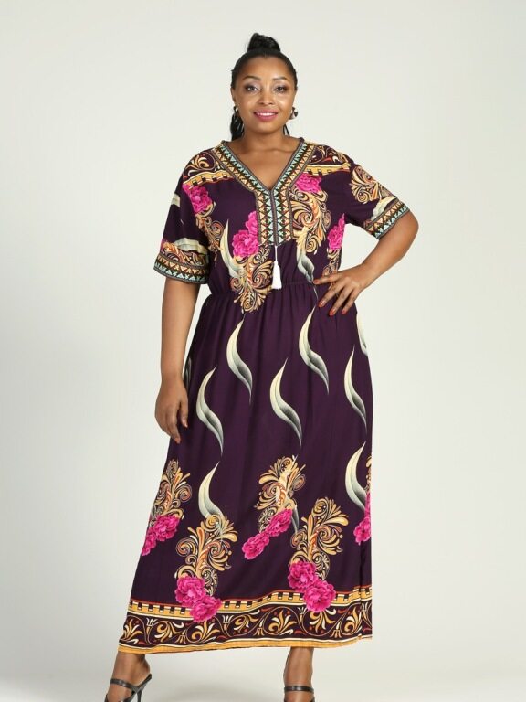 Women's Plus Size Floral Embroidery V Neck Short Sleeve Maxi Dress, Clothing Wholesale Market -LIUHUA, 
