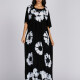 Women's African Half Sleeve Crew Neck Tie Dye Floral Print Embroidered Maxi Dress With Scarf ZRSF-6D2# Black Clothing Wholesale Market -LIUHUA