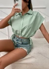 Wholesale Woman's Casual Shirt Collar Short Sleeve Button Front Drawstring Crop Top - Liuhuamall