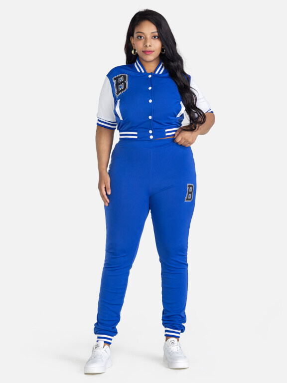 Women's Casual Short Sleeve Crop Baseball Jacket & Sweatpants 2-piece Set, Clothing Wholesale Market -LIUHUA, 
