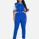 Women's Casual Short Sleeve Crop Baseball Jacket & Sweatpants 2-piece Set Blue Clothing Wholesale Market -LIUHUA