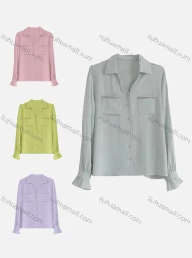 Wholesale Women's Fashion V Neck Poet Sleeve Button Down Patch Pocket Ruched Plain Shirts, LIUHUA CLOTHING WHOLESALE