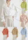 Wholesale Women's Fashion V Neck Long Sleeve Pearl Decor Twist Plain Shirts - Liuhuamall