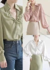 Wholesale Women's Fashion Collar V Neck Bishop Sleeve Pearl Decor Ruched Button Down Plain Shirts 436954# - Liuhuamall