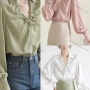 Wholesale Women's Fashion Collar V Neck Bishop Sleeve Pearl Decor Ruched Button Down Plain Shirts 436954# preview