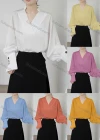 Wholesale Women's Elegant Bishop Sleeve Stand Collar V Neck Button Decor Ruched Plain Blouse 857780# - Liuhuamall