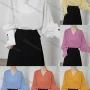 Wholesale Women's Elegant Bishop Sleeve Stand Collar V Neck Button Decor Ruched Plain Blouse 857780# preview
