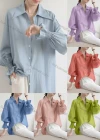 Wholesale Women's Elegant Collared Poet Sleeve Button Down Shirred Ruched Plain Shirts 879738# - Liuhuamall