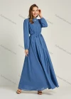 Wholesale Women's Chiffon Plain Long Sleeve Mock Neck Ruched Maxi Dress With Belt 0708# - Liuhuamall