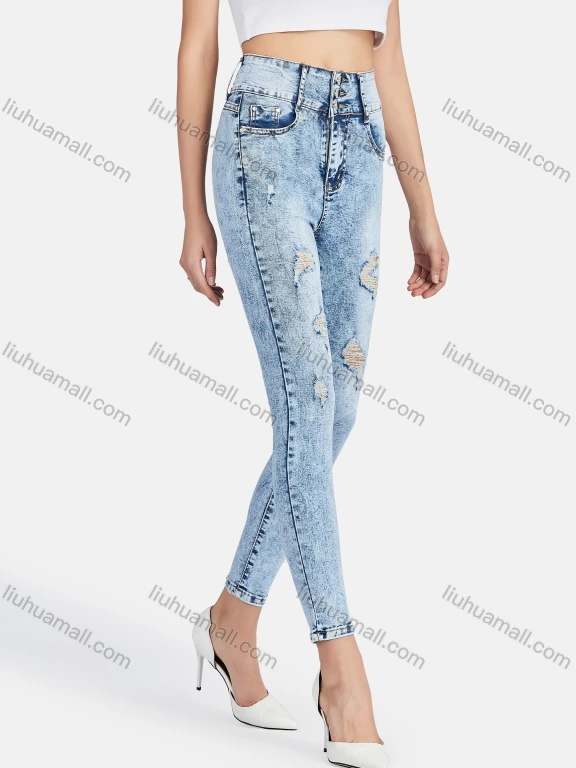 Wholesale Women's Casual Ripped Distressed High Waist Skinny Fit Jean