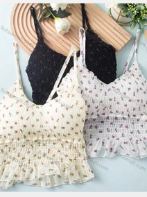 Wholesale Women's Casual Floral Spaghetti Strap Shirred Lace Trim Built-in Bra Lingerie F87#, LIUHUA CLOTHING WHOLESALE