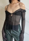 Wholesale Women's Sexy Halter Off Shoulder Split Side Mesh Semi-sheer Top Q21TP300# - Liuhuamall