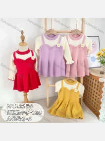 Wholesale Girls Casual Round Neck Long Sleeve Ruffle Hem Knit Dress (Pack Of 12)2270#, LIUHUA CLOTHING WHOLESALE