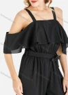 Wholesale Women's Casual Plain Cold Shoulder Ruffle Trim Cami Wide Leg Jumpsuit With Belt - Liuhuamall