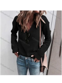 Wholesale Women's Casual Plain V Neck Long Sleeve Ribbed Knit Sweater, LIUHUA CLOTHING WHOLESALE