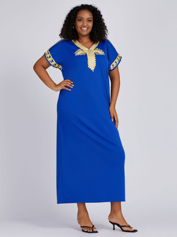 Women's Vintage African Folkloric V Neck Embroidery Short Sleeve Midi Dress, Clothing Wholesale Market -LIUHUA, 