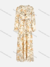 Wholesale Women's Casual Notched Tie Neck Long Sleeve Tie Front Floral Print Maxi Dress With Belt, LIUHUA CLOTHING WHOLESALE