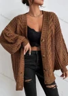Wholesale Women's Plain Loose Fit Button Front Lantern Sleeve Cable Knit Cardigan - Liuhuamall