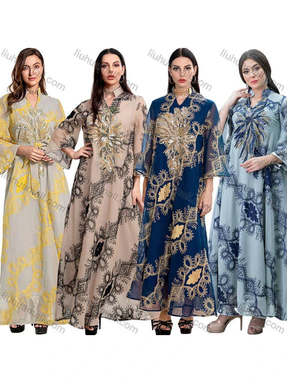 Wholesale Women's Elegant Islamic Muslim Notched Folk Art Embroidery Sheer Mesh Long Sleeve Robe Abaya Evening Dress With Belt