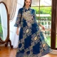 Wholesale Women's Elegant Islamic Muslim Notched Folk Art Embroidery Sheer Mesh Long Sleeve Robe Abaya Evening Dress With Belt Blue Clothing Wholesale Market Liuhua