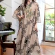 Wholesale Women's Elegant Islamic Muslim Notched Folk Art Embroidery Sheer Mesh Long Sleeve Robe Abaya Evening Dress With Belt Apricot Clothing Wholesale Market Liuhua