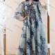 Wholesale Women's Elegant Islamic Muslim Notched Folk Art Embroidery Sheer Mesh Long Sleeve Robe Abaya Evening Dress With Belt Light Blue Clothing Wholesale Market Liuhua