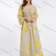 Wholesale Women's Elegant Islamic Muslim Notched Folk Art Embroidery Sheer Mesh Long Sleeve Robe Abaya Evening Dress With Belt Yellow Clothing Wholesale Market Liuhua