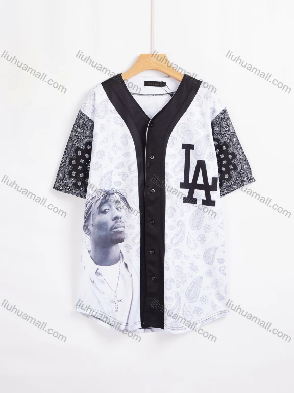 Wholesale Men's Athletic Workout V Neck Paisley Letter Figure Button Front Contrast Short Sleeve Baseball Jersey Top