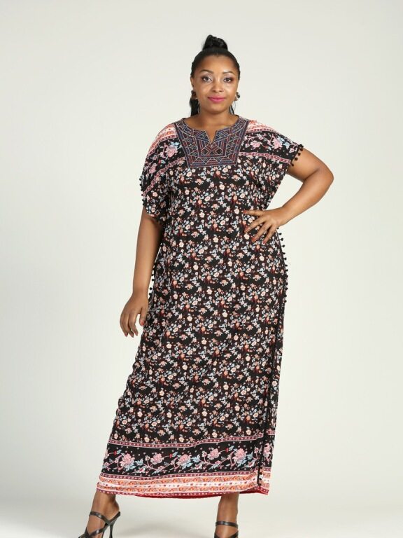 Women's Allover Floral Print Embroidery Notched Neck Wrap African Maxi Dress, Clothing Wholesale Market -LIUHUA, Specialty, Women-s-Muslim-Clothing