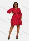 Wholesale Women's Casual Plus Size V Neck Polka Dots Print Leather Belt Short Dress 0073# - Liuhuamall