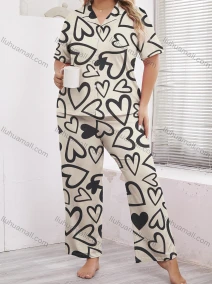 Wholesale Women's Lounge Lapel Milk Silk Heart Print Button Down Pocket Short Sleeve Pajamas 2 Piece Set DM2315-01#, LIUHUA CLOTHING WHOLESALE