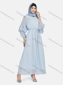 Wholesale Women's Casual Plain Swiss Dot Semi-sheer Long Sleeve Tie Front Ruffle Hem Maxi Dress, LIUHUA CLOTHING WHOLESALE