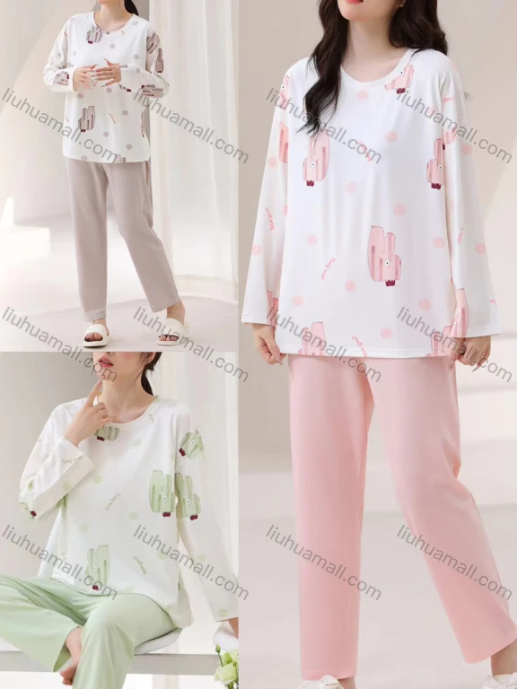Wholesale Women's Comfy Polka Dot Cartoon Round Neck Long Sleeve Lounge Pajamas With Bra Pad 2 Piece Set 309-2#