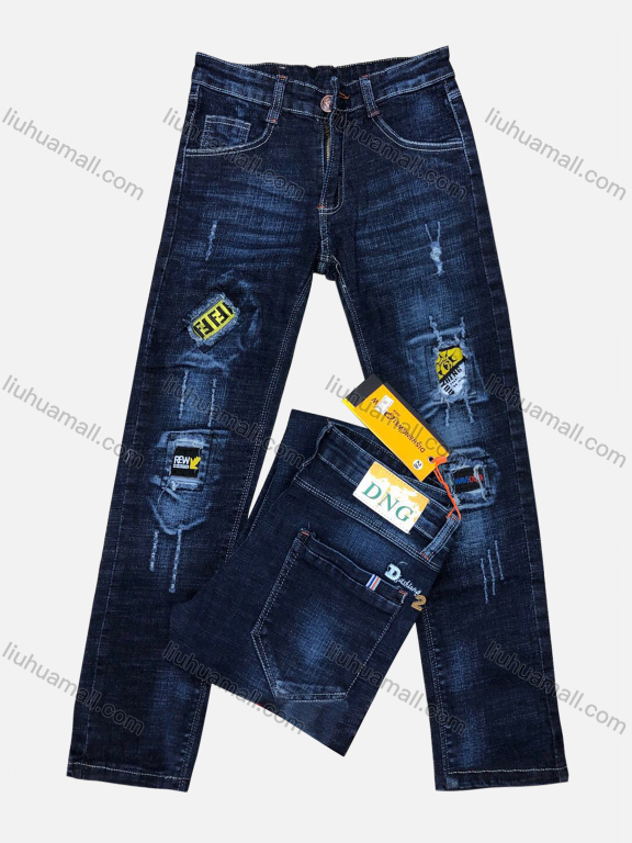 Wholesale Boys Zipper Pockets Frayed Patched Labelled Embroidered Plain Jean 06#