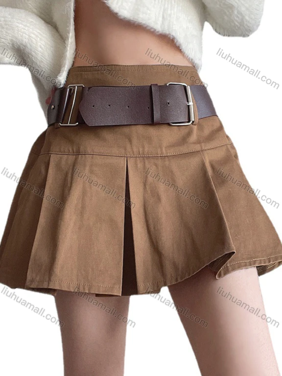 Women's Plain High Waist Pleated Skirts With Belt